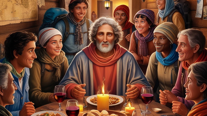 Cenando en un albergue con otros peregrinos